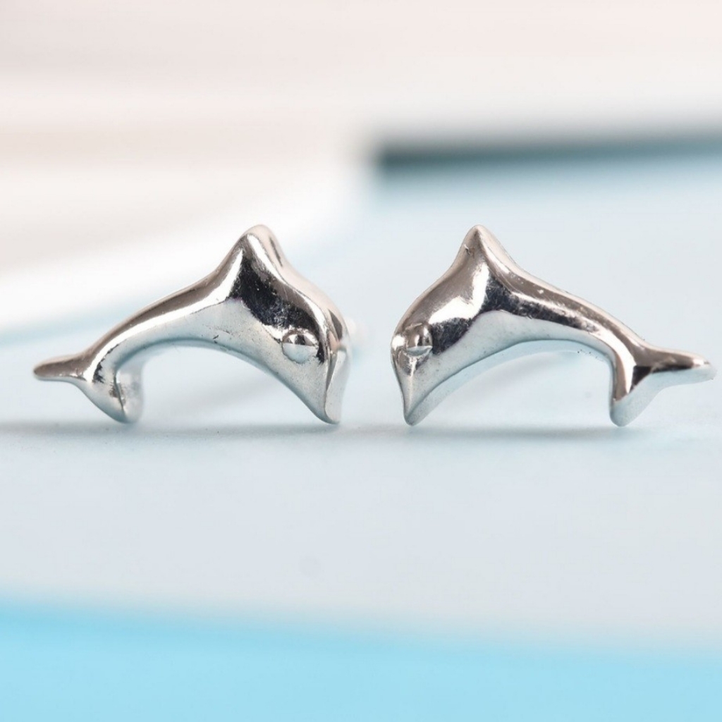 New Platinum Over Sterling Silver Dolphin Earrings